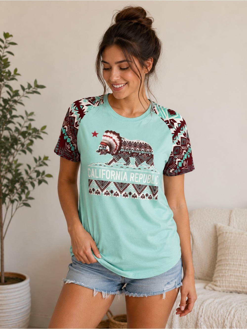 California Republic Graphic Raglan Tee - Mint with Burgundy Sleeves